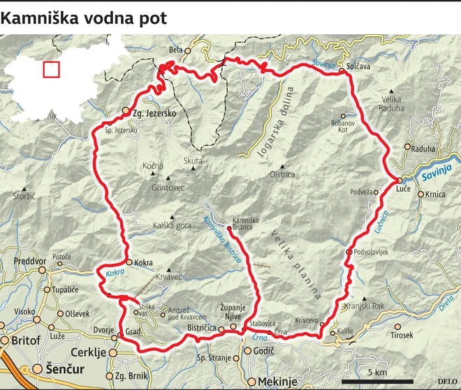 Vodna pot je dolga sto kilometrov in poteka po občinah Kamnik, Cerklje, Preddvor, Jezersko, Železna Kaplja (Avstrija), Solčava in Luče. Vir Občina Kamnik