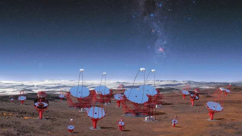 Fotografija: Ilustracija 99 teleskopov, ki jih bodo postavili znotraj območja observatorija Paranal Evropskega južnega observatorija (ESO) na severu Čila.
FOTO: CTA/M-A. Besel/IAC (G.P. Diaz)/ESO