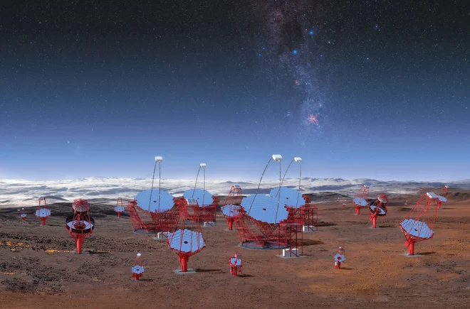 Ilustracija 99 teleskopov, ki jih bodo postavili&nbsp;znotraj območja observatorija Paranal Evropskega južnega observatorija (ESO) na severu Čila.&nbsp;<br />
FOTO: CTA/M-A. Besel/IAC (G.P. Diaz)/ESO