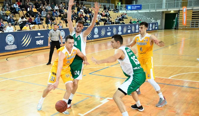 Žan Mark Šiško (z žogo) in Marjan Čakarun (6) sta se tudi v Novem mestu veselila zmage. (FOTO: Sixt Primorska/Žiga Mikeli