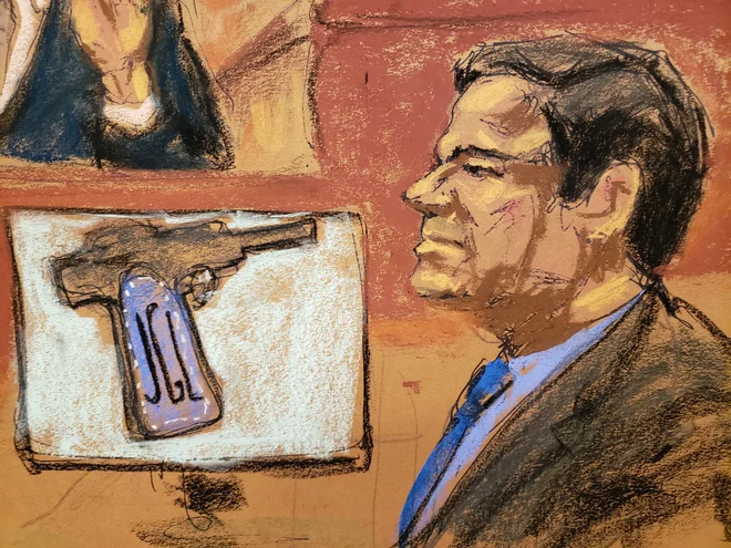 Sojenje Joaquinu Guzmanu, znanemu kot El Chapo, poteka brez kamer, zato so se časniki vrnili v čase sodnih slikarjev. FOTO: Reuters