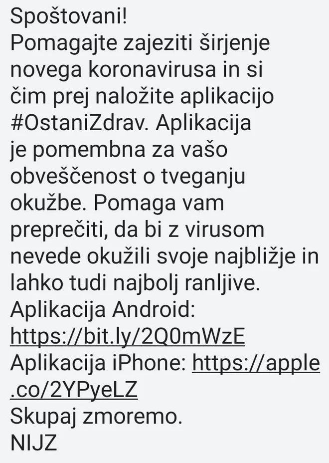 SMS-sporočilo, ki ga NIJZ pošilja državljanom. FOTO: Posnetek Zaslona