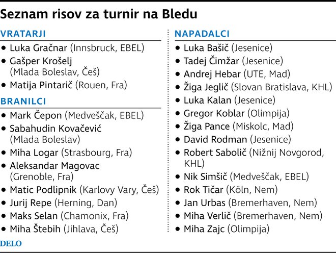 Seznam slovenskih hokejistov za prihajajočo akcijo na Gorenjskem. FOTO: Delova infografika