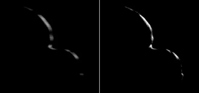 Nenavadna oblika Ultima Thule. Fotografije so nekoliko popačene, saj je bil potreben daljši čas ekspozicije, a so znanstveniki sestavili in odpravili šum, da so razbrali tanjši srp večjega kamna. Na posnetkih so vidne tudi oddaljene zvezde, kar je pripomoglo, da so natančneje določili obliko obeh koso nebesnega telesa.<br />
FOTO: NASA/Johns Hopkins Applied Physics Laboratory/Southwest Research Institute/National Optical Astronomy Observatory