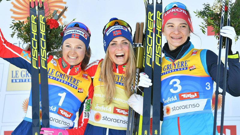 Fotografija: Najboljše tri v skiatlonu na SP v Seefeldu. FOTO: AFP