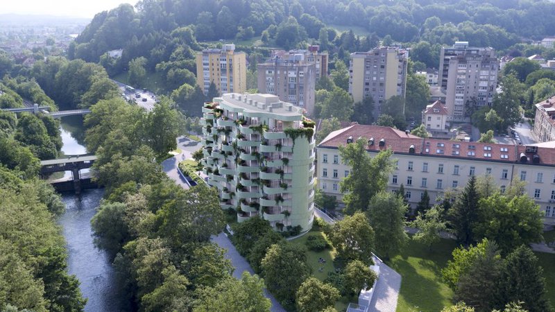Fotografija: Elipsasti stanovanjski blok bo umeščen na območje v neposredni bližini Grubarjevega kanala s pogledom na Golovec. FOTO: Arhitekturni biro Sadar+ Vuga