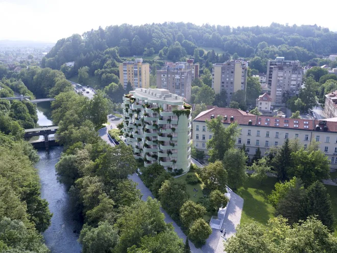 Elipsasti stanovanjski blok bo umeščen na območje v neposredni bližini Grubarjevega kanala s pogledom na Golovec. FOTO: Arhitekturni biro Sadar+ Vuga