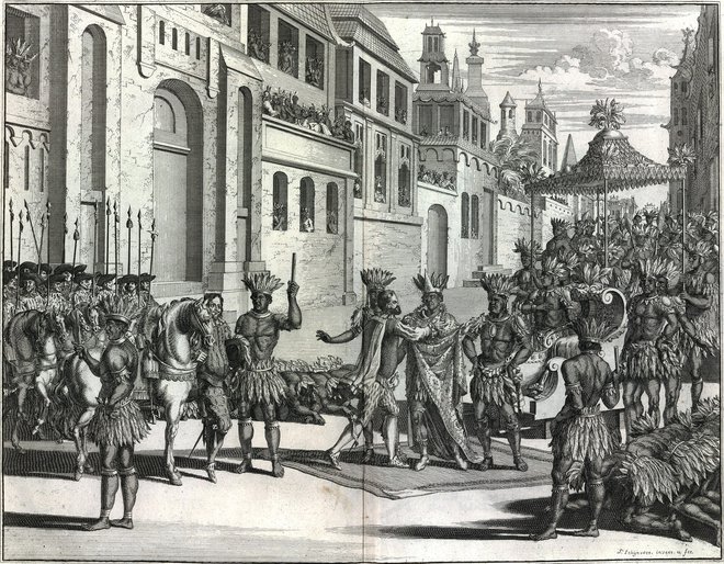 Azteški vladar Moctezuma je gostoljubno sprejel španskega zavojevalca Cortésa. FOTO:: Wikimedia