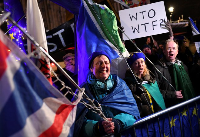 Nasprotniki brexita protestirajo pred britanskim parlamentom. FOTO: REUTERS/Dylan Martinez