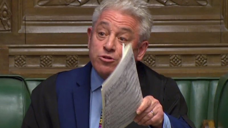 Fotografija: A video grab from footage broadcast by the UK Parliament's Parliamentary Recording Unit (PRU) shows Speaker of The House of Commons John Bercow (R) as he makes a statement in the House of Commons in London on March 18, 2019, on the ability of the Government to hold another meaningful vote on the government's Brexit deal. - Britain's government scrambled Monday to convince Brexit hardliners to give in at last and back Prime Minister Theresa May's EU divorce deal, though several opponents were refusing to blink. (Photo by Niklas HALLE'N / PRU / AFP) / RESTRICTED TO EDITORIAL USE - MANDATORY CREDIT 