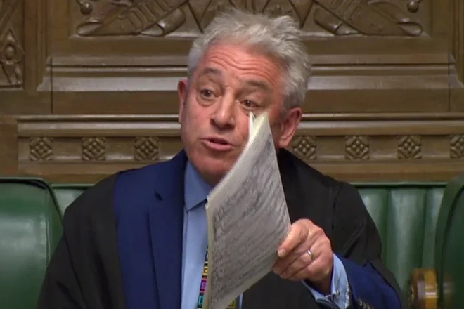 A video grab from footage broadcast by the UK Parliament's Parliamentary Recording Unit (PRU) shows Speaker of The House of Commons John Bercow (R) as he makes a statement in the House of Commons in London on March 18, 2019, on the ability of the Government to hold another meaningful vote on the government's Brexit deal. - Britain's government scrambled Monday to convince Brexit hardliners to give in at last and back Prime Minister Theresa May's EU divorce deal, though several opponents were refusing to blink. (Photo by Niklas HALLE'N / PRU / AFP) / RESTRICTED TO EDITORIAL USE - MANDATORY CREDIT " AFP PHOTO / PRU " - NO USE FOR ENTERTAINMENT, SATIRICAL, MARKETING OR ADVERTISING CAMPAIGNS