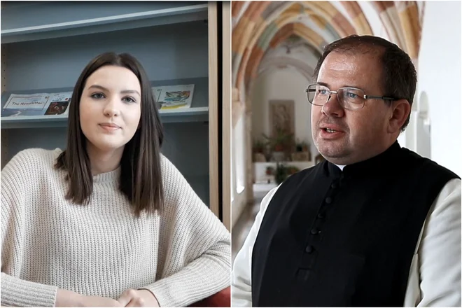Za mnenje o evropskih volitvah smo povprašali študentko Petro in patra Maksimiljana. FOTO: Delo