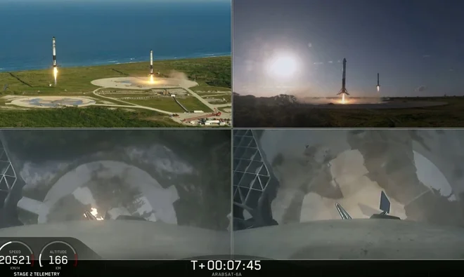 Pristanek stranskih nosilnih raket. FOTO: Spacex