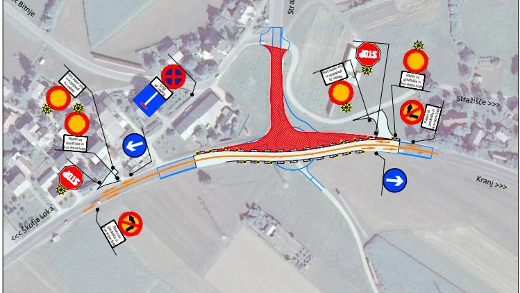 Fotografija: Prometni režim med gradnjo krožišča v Bitnjah. FOTO: MO Kranj
