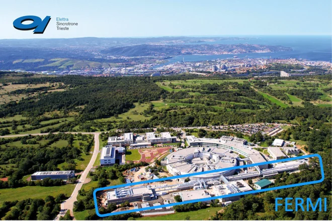 Laser na proste elektrone FERMI (nad njim se nahaja shranjevalni obroč Elettra) v Bazovici pri Trstu (Italija), kjer raziskovalci preizkušajo nove metode za proizvodnjo močnih laserskih sunkov rentgenske svetlobe. FOTO: L. Giannessi.