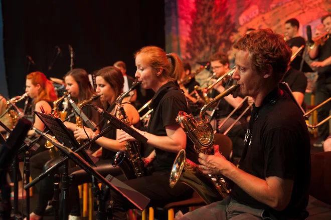 Big Band Vrhnika na Marezijazzu 2015, festivalu mednarodnih big bandov v Marezigah. FOTO: Matej Maček