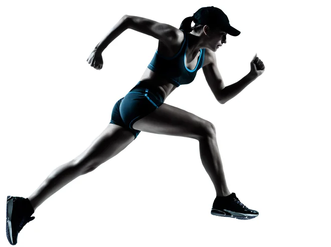 one caucasian woman runner jogger running in silhouette studio isolated on white background