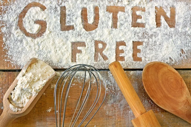 a gluten free word with wood background