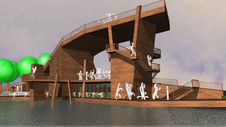 Fotografija: Načrtovani prireditveni oder arhitekta Roka Polesa na obali Velenjskega jezera. SLIKA: MOV/Rok Poles