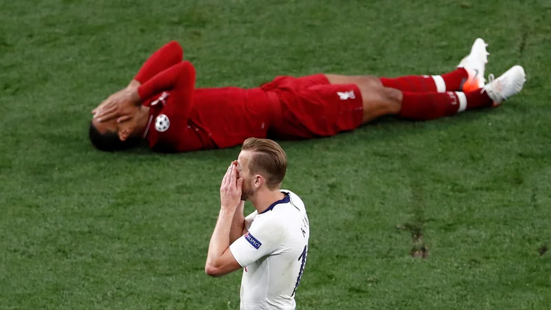 Fotografija: FOTO: Oba si z dlanmi pokrivata obraz - Virgil van Dijk od veselja, Harry Kane od žalosti. FOTO: Sergio Perez/Reuters