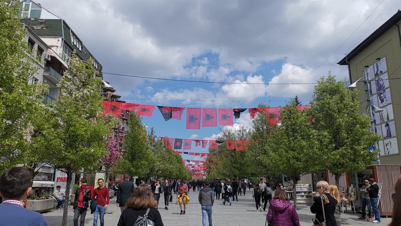 Fotografija: Na Bulevarju matere Terezije v središču Prištine so razobešene izključno albanske zastave, na katerih je na rdečem ozadju upodobljen dvoglavi črni orel. Foto Milena Zupanič