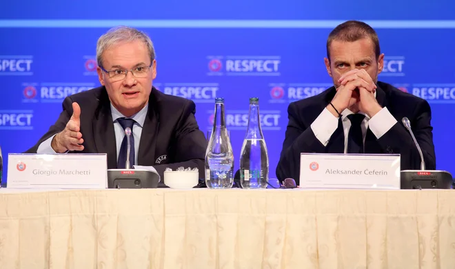 Giorgio Marchetti in Aleksander Čeferin med eno od konferenc o ligi narodov. FOTO: AFP