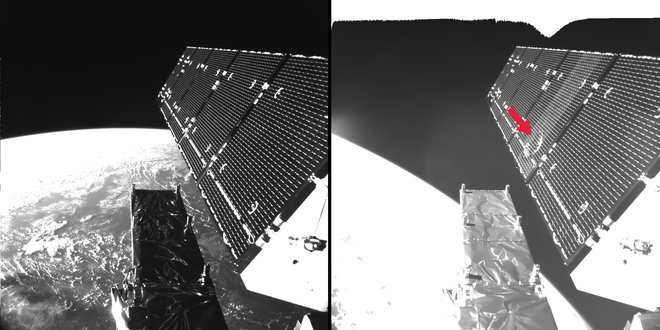 Solarni panel satelita Sentinel-1A, na katerem je razvidno, kako ga je zadela vesoljska smet. Foto Esa