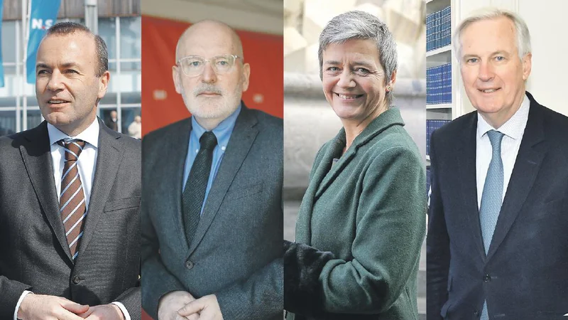 Fotografija: Kandidati za predsednika evropske komisije: Manfred Weber, Frans Timmermans, Margrethe Vestager in Michel Barnier FOTO: Uroš Hočevar, Mavric Pivk, Jože Suhadolnik, Reuters