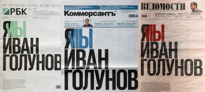 Trije ruski časniki so na naslovnicah objavili: »Vsi smo Ivan Golunov.« FOTO: Reuters