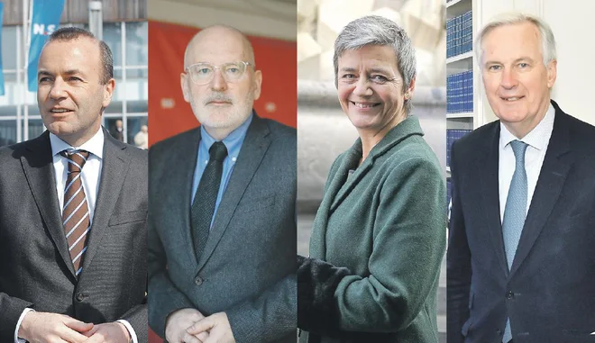 Kandidati za evropskega komisarja: Manfred Weber (EPP), Frans Timmermans (S&D), Margrethe Vestager (ALDE) in Michel Barnier. FOTO: Uroš Hočevar, Mavric Pivk, Jože Suhadolnik, Reuters