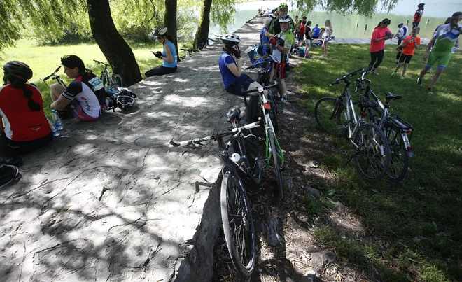 Udeleženci barjanke ob Podpeškem jezeru. FOTO: Roman Šipić/Delo