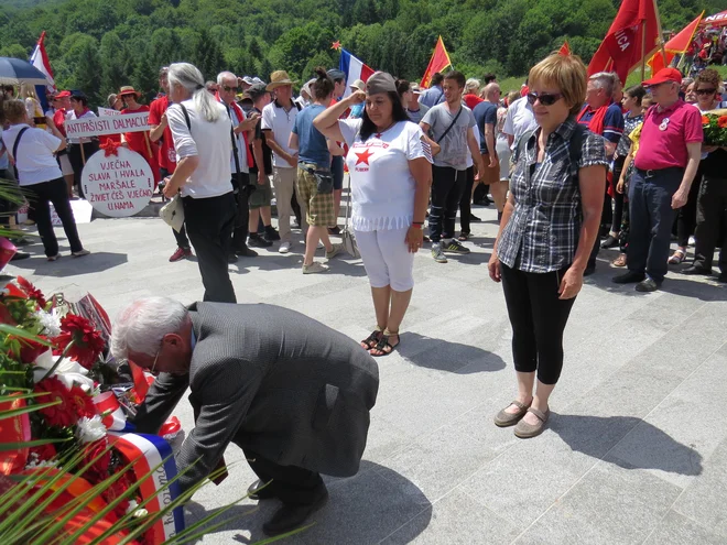 Zvezo koroških partizanov so zastopali Franc Jankovič, Mojca Koletnik in Jelka Gregorič, ki so h kostnici položili venec. FOTO: Bojan Rajšek/Delo