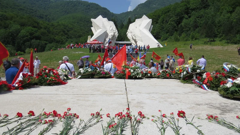 Fotografija: Partizansko kostnico so s cvetjem okrasili številni antifašisti iz vseh predelov nekdanje domovine. FOTO: Bojan Rajšek/Delo