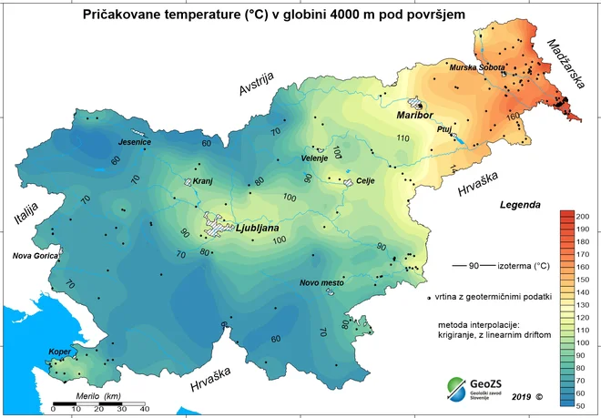 Karta pričakovanih temperatur na globini 4000 metrov kaže, da je v Sloveniji najobetavnejše geotermalno območje v severovzhodni Sloveniji oziroma v Prekmurju. Vir Rajver, 2018