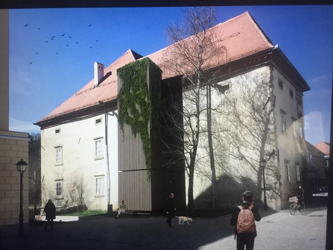 Projekcija dvigala, kakršno naj bi bilo na vzhodni fasadi Stare grofije. FOTO: arhiv arhitekt Nande Korpnik