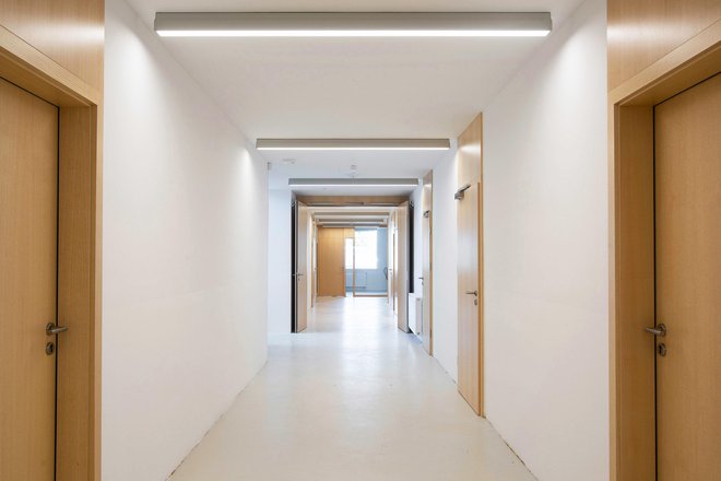 Prenovljeni hodniki premorejo veliko naravne svetlobe, zaznamujeta jih bela barva in les. Foto Tadej Bolta