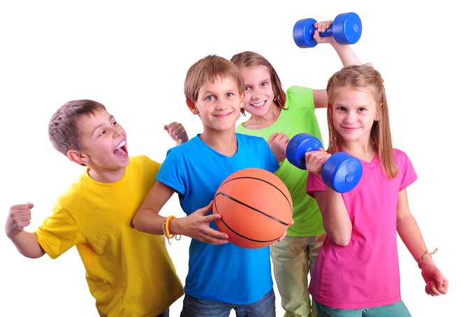 Group of sporty children friends with dumbells and ball isolated over white . Childhood happiness active sports lifestyle concept