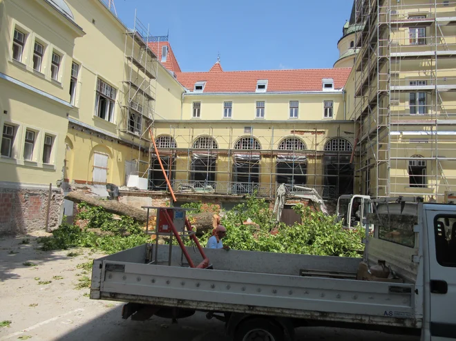 Pogled na prazno dvorišče Celjskega doma, kjer bodo odslej nove stopnice in večji zimski vrt, ki pa ne bo imel sence. FOTO: Špela Kuralt/Delo