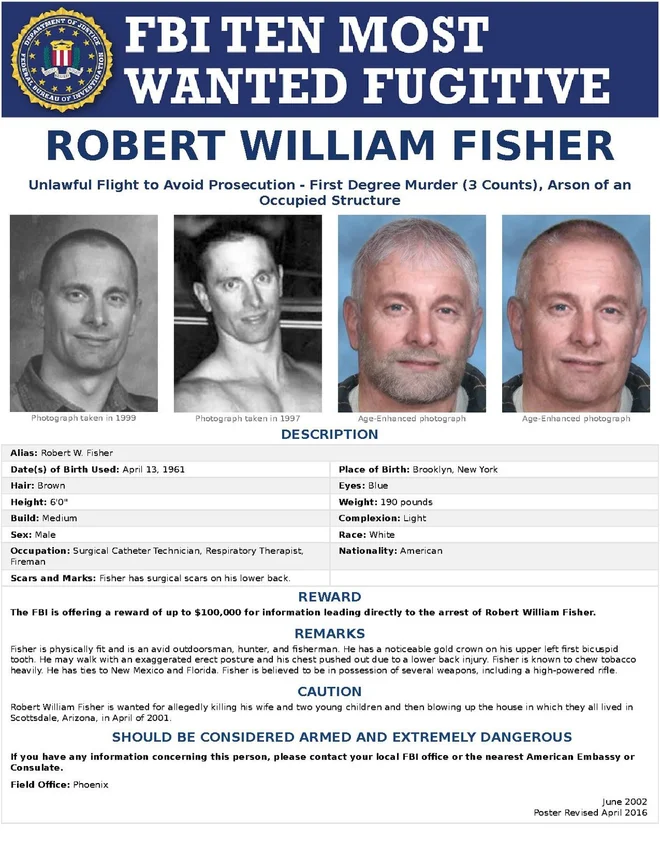 Na julijski lestvici FBI je najvišje morilec lastne žene in dveh otrok Robert William Fisher, za katerega ponujajo le 100.000 dolarjev. FOTO: Reuters