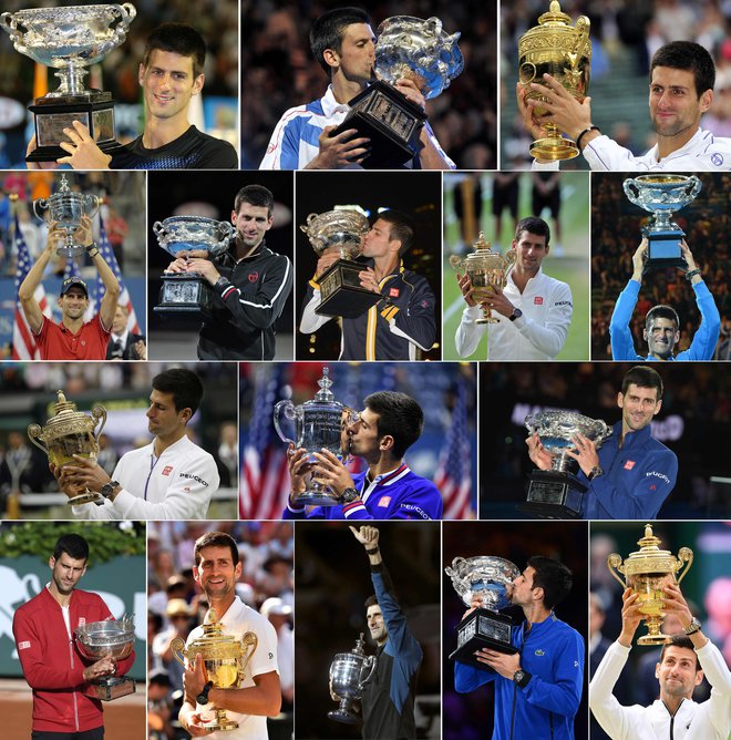 Vseh 16 Đokovićevih lovorik za grand slam, od Avstralije 2008 do Wimbledona 2019. FOTO: AFP