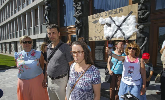 Protest staršev pred sejo odbora DZ za izobraževanje, znanost, šport in mladino. FOTO: Jože Suhadolnik/Delo