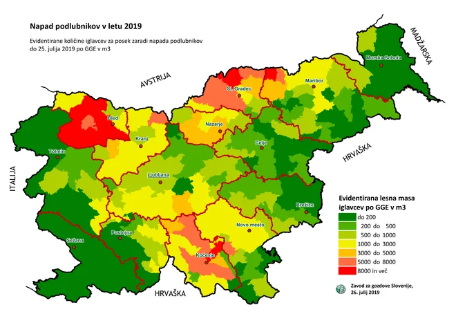 Napad podlubnikov 2019 Vir: Zavod za gozdove, julij 2019<br />
&nbsp;