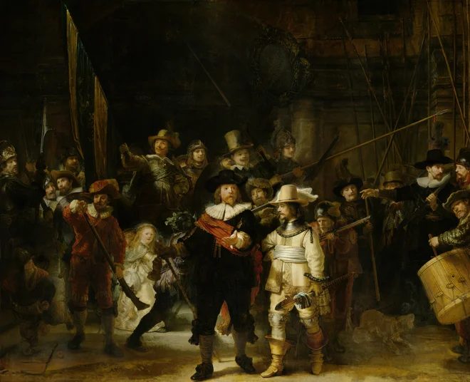 <em>◀</em><em> </em><em>Nočna straža</em> (1642) je vrhunec nizozemske portretne umetnosti. Foto Rijksmuseum