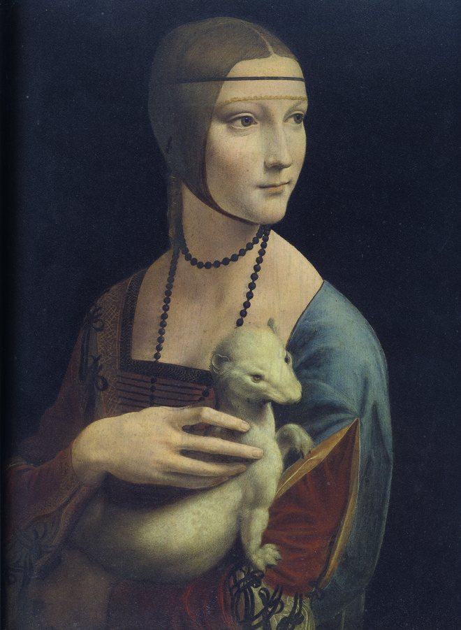 Leonardo da Vinci: <em>Dama s hermelinom</em>, 1487–1490. Koga gleda deklica na sliki? Reprodukcije iz knjige <em>Leonardo, genij</em>