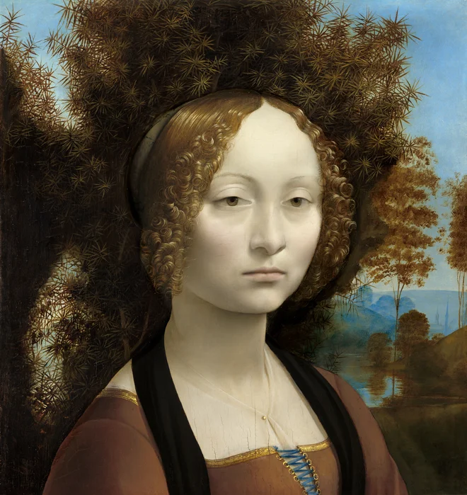 Portret Ginevre de&#39; Benci, ki visi v Narodni galeriji umetnosti v Washingtonu.