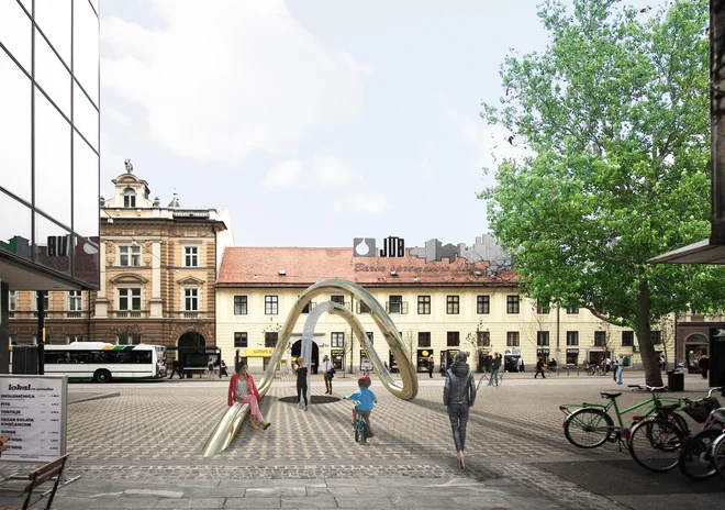 ▲ Vodna skulptura je delo arhitektov Primoža Boršiča, Mojce Kocbek Vimos, Jana Filipca in slikarja Saše Vrabiča. Računalniške ponazoritve: Mojca Kocbek Vimos In Primož Boršič