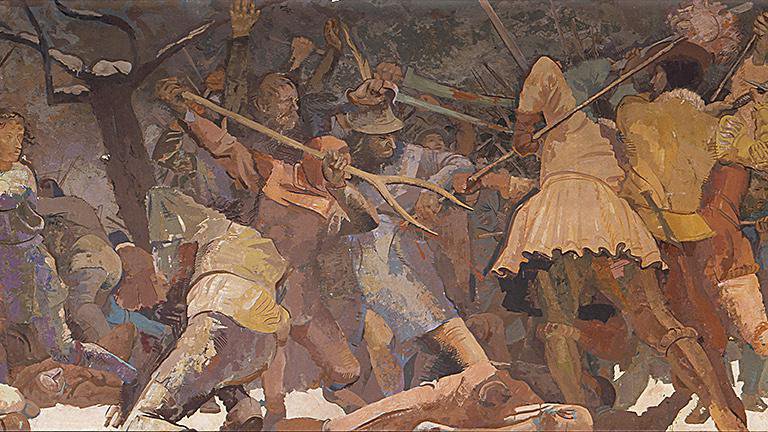 Fotografija: Gojmir Anton Kos: Bitka pri Krškem, 5. februar 1573, 1940 Foto Narodna galerija