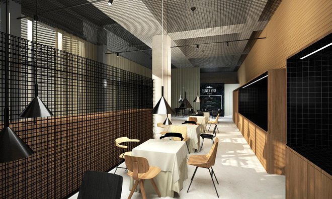 Poslovni salon bo opremljen s kosi slovenskih oblikovalcev in arhitektov. Računalniški prikaz Plan B
