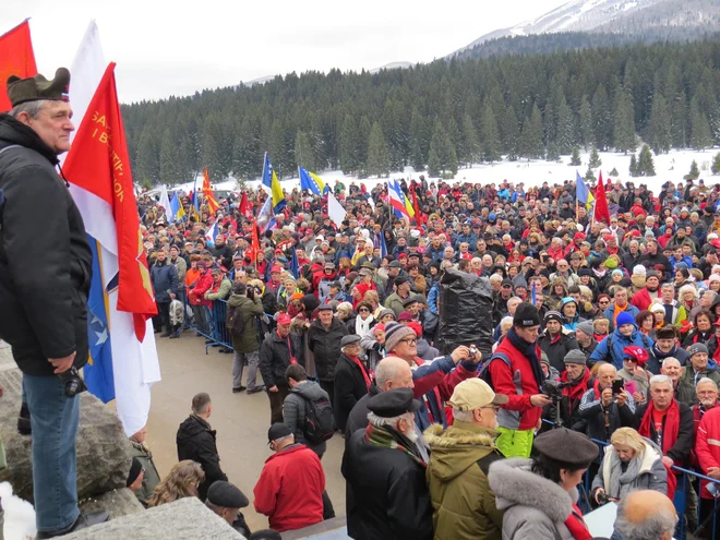 Množica je v različnih jezikih prepevala partizanske pesmi. FOTO: Bojan Rajšek/Delo