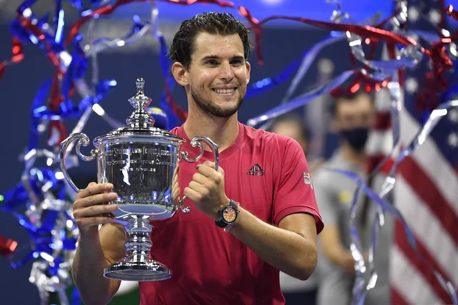 Dominic Thiem ni skrival navdušenja in sreče po največjem uspehu v karieri. FOTO: Danielle Parhizkaran/Usa Today Sports
